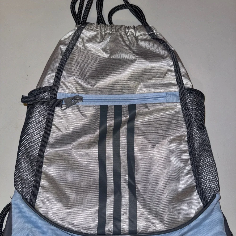 Adidas Alliance Drawstring Backpack Silver Blue OS Three Stripe Cinch Bag